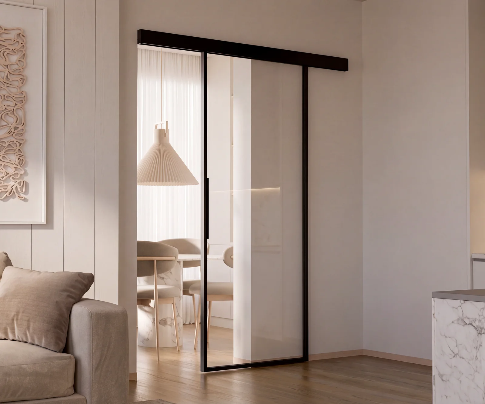 Corredera estilo atelier separando la cocina del salón